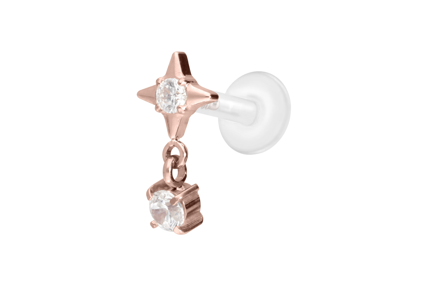 PTFE Labret Piercing mit Innengewinde + Titan-Aufsatz STERN + KRISTALL